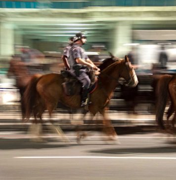 Cena Cavalaria da PM ocupa parte da Avenida Paulista, São Paulo, no dia 11 de junho