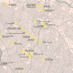 A imagem mostra a cidade de São Paulo mapeada com os pontos que simbolizam as instituições culturais participantes da 34ª Bienal de São Paulo