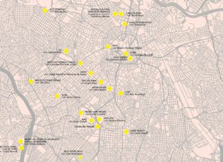 The image shows the city of São Paulo mapped with the points that symbolize the cultural institutions participating in the 34th Bienal de São Paulo