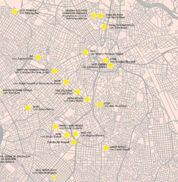 A imagem mostra a cidade de São Paulo mapeada com os pontos que simbolizam as instituições culturais participantes da 34ª Bienal de São Paulo