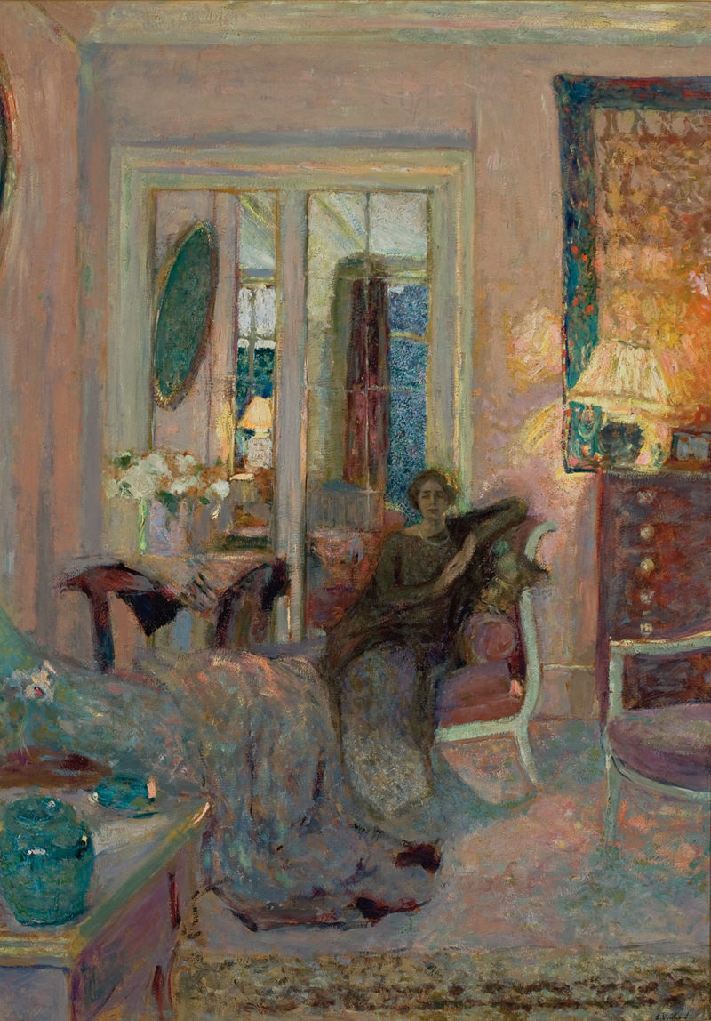 Painting by Édouard Vuillard, 'Princess Bibesco', completed in the mid-1920s. In the painting a woman sits alone at home at night, with a lamp on and a tall, uncovered window behind her