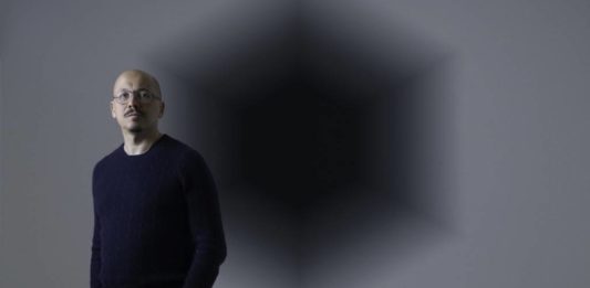 Iran do Espírito Santo em frente à sua obra “Recuo Hexagonal” (2006).