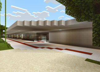 Área externa do MAM SP recriada no Minecraft. Foto: Leonardo Sang / Divulgação.