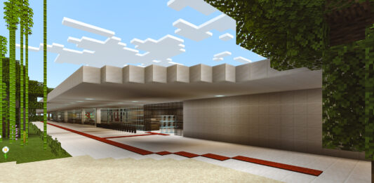 Área externa do MAM SP recriada no Minecraft. Foto: Leonardo Sang / Divulgação.