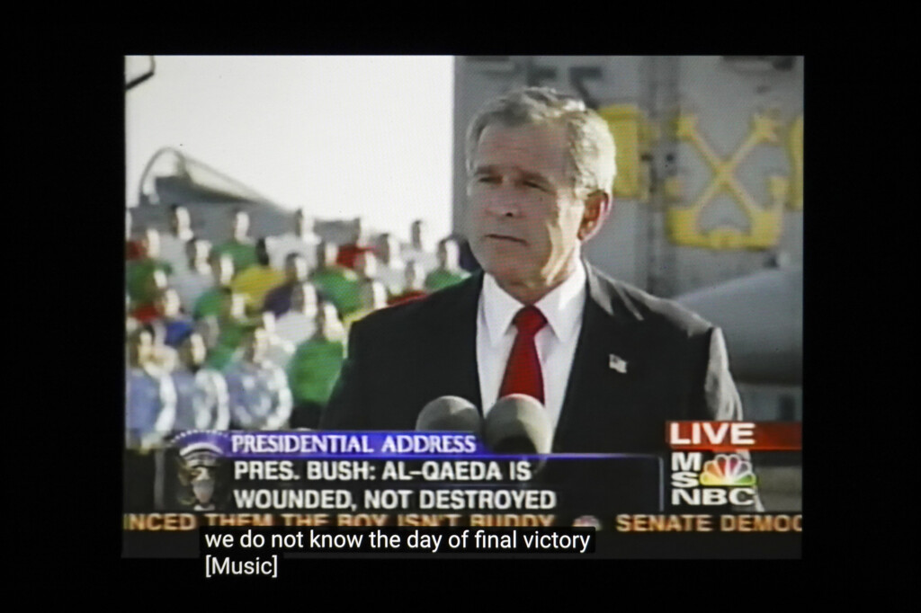 President George W. Bush announces “Mission Accomplished” regarding the war in Iraq on the aircraft carrier U.S.S. Abraham Lincoln on May 1, 2003. The vast majority of casualties and violence occurred after the speech.