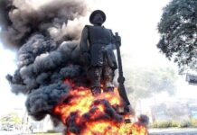 Monumentos: Estátua do Borba Gato pegando fogo. Imagem: reprodução das redes sociais.