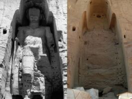 Os Budas de Bamiyan, no Afeganistão, foram destruídos pelo Talibã há 20 anos. Foto: Reprodução The Art Newspaper
