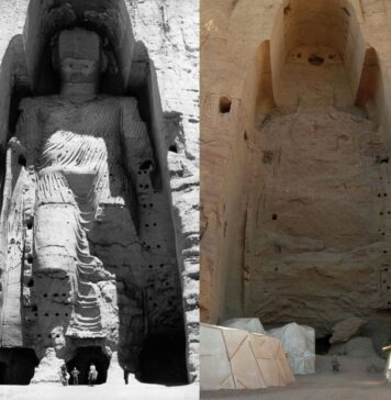 Os Budas de Bamiyan, no Afeganistão, foram destruídos pelo Talibã há 20 anos. Foto: Reprodução The Art Newspaper