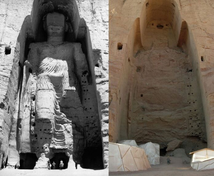 Os Budas de Bamiyan, no Afeganistão, foram destruídos pelo Talibã há 20 anos. Foto: Reprodução The Art Newspaper