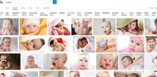 Print de uma pesquisa no Bing, da Microsoft, exemplifica racismo nos mecanismos de busca. O print mostra uma pesquisa por "bebês" e mostra apenas crianças brancas. Foto: Reprodução BBC (2017).