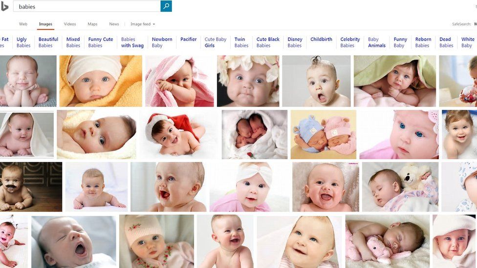 Print de uma pesquisa no Bing, da Microsoft, exemplifica racismo nos mecanismos de busca. O print mostra uma pesquisa por "bebês" e mostra apenas crianças brancas. Foto: Reprodução BBC (2017).