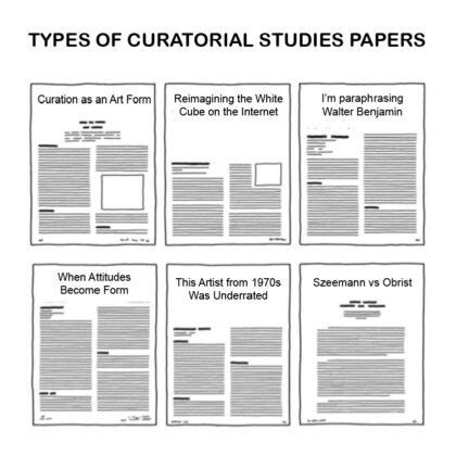 Meme by @freeze_magazine: “Types of curatorial studies articles: Curation as an art form / Reimagining the white cube on the internet / Paraphrasing Walter Benjamin / When attitudes become form / This 1970s artist was underrated / Szeemann vs Obrist.” Courtesy: One Hundred A. aka @freeze_magazine.