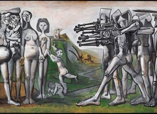 Foto horizontal, colorida. Obra MASSACRE NA COREIA de Pablo Picasso, exposta em Picasso dividido