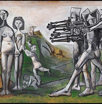 “Picasso dividido”: o artista e a sua imagem nas Alemanhas comunista e capitalista Foto horizontal, colorida. Obra MASSACRE NA COREIA de Pablo Picasso, exposta em Picasso dividido