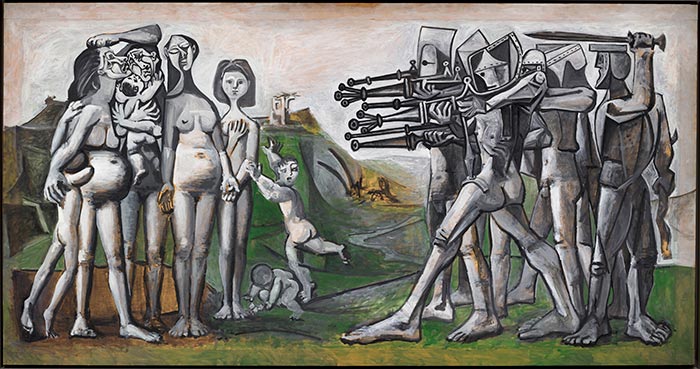 Foto horizontal, colorida. Obra MASSACRE NA COREIA de Pablo Picasso, exposta em Picasso dividido