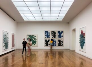Horizontal, color image. View of the exhibition SANTÍDIO PEREIRA INCISIONS CUTS ENCAIXES, at the Iberê Camargo Foundation. Room with white walls and wooden floor. On the left, two large paintings, side by side; on the right a painting more than 2 meters high; in the center a large frame, about 1 meter, next to a sequence of 6 small frames. All works are woodcuts of bromeliads.
