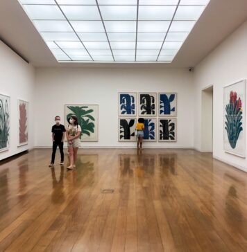 Imagem horizontal, colorida. Vista da exposição SANTÍDIO PEREIRA INCISÕES RECORTES ENCAIXES, na Fundação Iberê Camargo. Sala com paredes brancas e chão de madeira. À esquerda, dois quadros grandes, lado a lado; à direita um quadro de mais de 2 metros de altura; ao centro um quadro grande, de cerca de 1 metro, ao lado de uma sequência de 6 pequenos quadros. Todos os trabalhos são xilogravuras de bromélias.