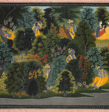 Uma pintura em miniatura ilustrando uma cena do "Gita Govinda". Crédito: Reprodução Museu de Arte de Cleveland.