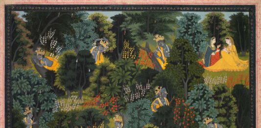 Uma pintura em miniatura ilustrando uma cena do "Gita Govinda". Crédito: Reprodução Museu de Arte de Cleveland.