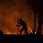 Indígena do povo Guarani, caminha em meio a floresta durante a noite, para combater o incêndio próximo a Aldeia Tekoa Itakupe na Terra Indígena Jaraguá, na zono oeste de São Paulo capital, 2020. Foto: Felipe Beltrame.