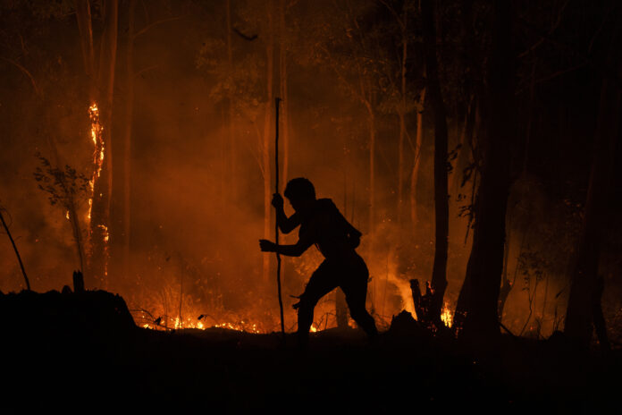 Indígena do povo Guarani, caminha em meio a floresta durante a noite, para combater o incêndio próximo a Aldeia Tekoa Itakupe na Terra Indígena Jaraguá, na zono oeste de São Paulo capital, 2020. Foto: Felipe Beltrame.