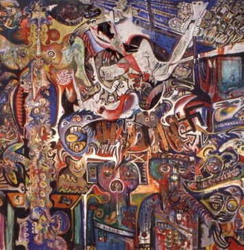 Antonio Recalcati, Enrico Baj, Erró, Gianni Giancarlo Dova, Jean-Jacques Lebel, Roberto Crippa, "Grand tableau antifasciste collectif", 1960. Exposto na Bienal de Berlim