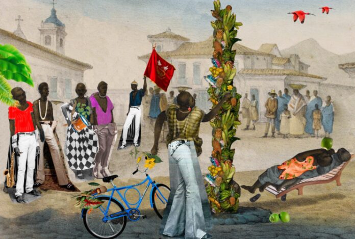 Gê Viana, "Mast lifting. Festa do Divino Espírito Santo", from the series "Traumatic Updates by Debret" (2020). Photo: Gê Viana Gê Viana, "Mast lifting. Festa do Divino Espírito Santo", from the series "Traumatic Updates by Debret" (2020), exhibited at NECROBRASILIANA