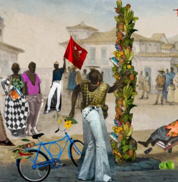 Gê Viana, "Levantamento do mastro. Festa do Divino Espírito Santo", da série "Atualizações Traumáticas de Debret" (2020), exposta em NECROBRASILIANA