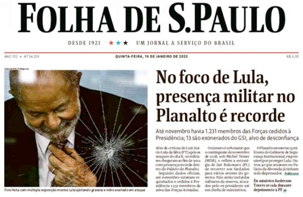 Reprodução da capa da edição de 19/01/2023, do jornal Folha de S.Paulo