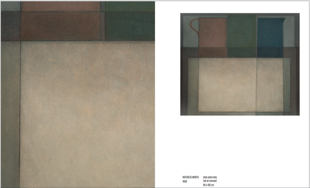 Reprodução do catálogo da exposição "Ianelli 100 anos - O artista essencial", com uma natureza-morta de 1960 e, à esquerda, um detalhe da obra