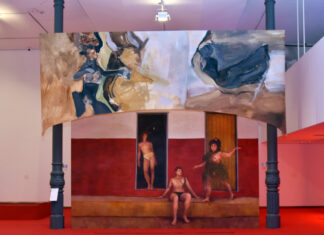 Regina Parra, "Deserto-pano de cena" (2022-2023), obra da exposição "Pagã", na Pina Estacão. Foto: Christina Ruffato