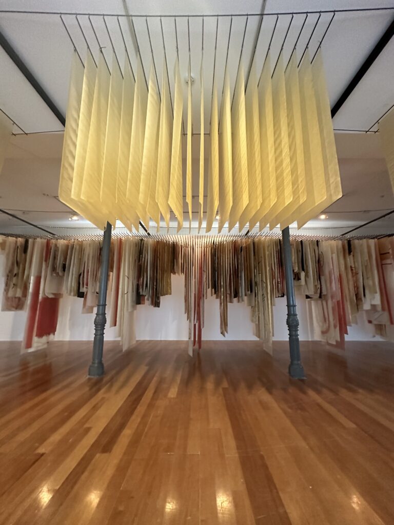 Installation by Elisa Bracher, with iron clotheslines from which her drawings hang. Photo: Eduardo Simões